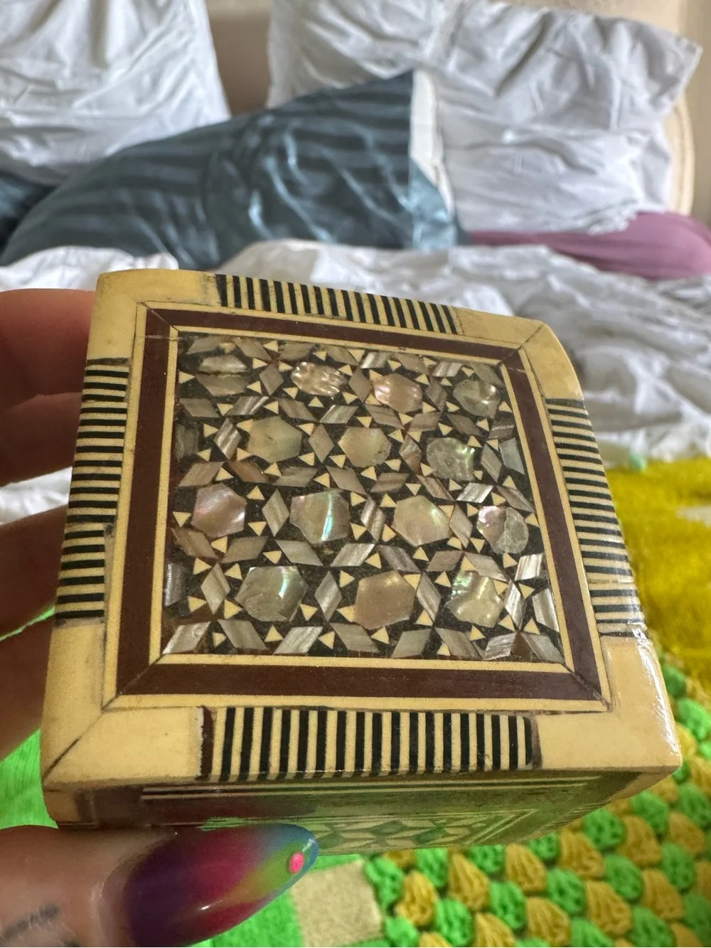 Vintage Wood and bone Trinket Box with Mother of Pearl Inlay